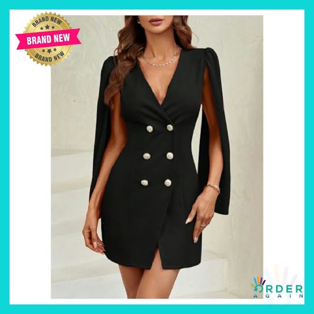 Elegant Cape Blazer Dress V Neck Double Breasted Split Sleeve Chic Formal - Picture 6 of 7